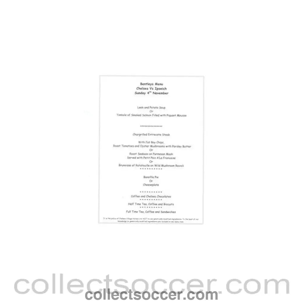 2001 - Chelsea v Ipswich Town Bentley's menu 04/11/2001 - Collect Soccer