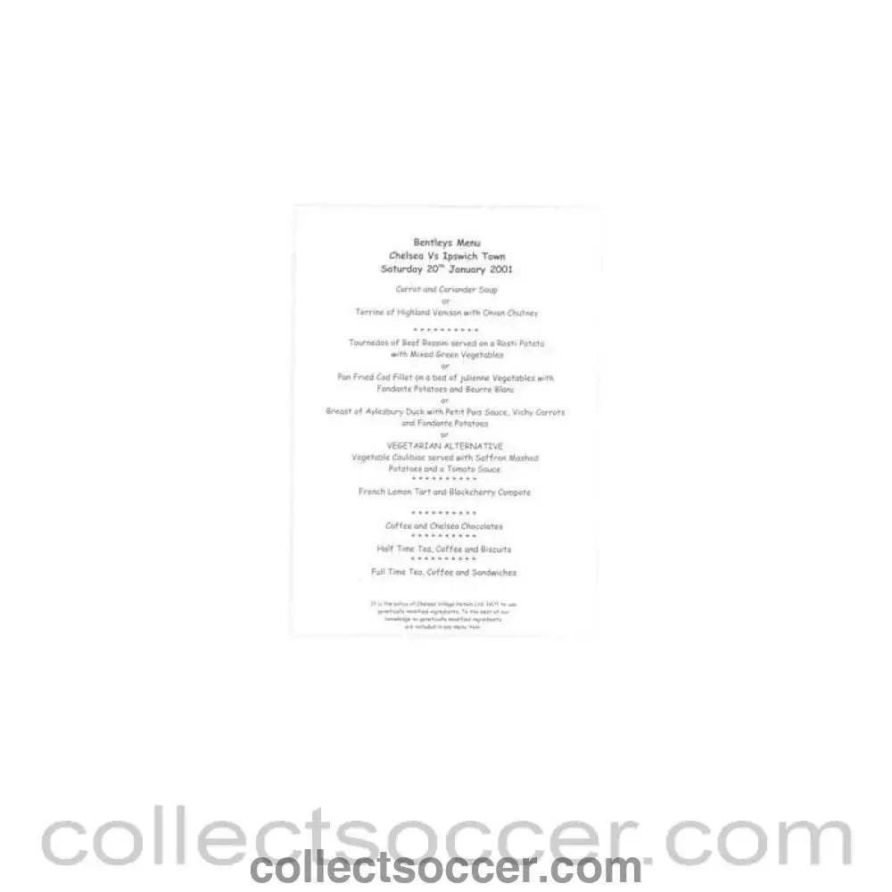 2001 - Chelsea v Ipswich Town Bentley's menu 20/01/2001 - Collect Soccer
