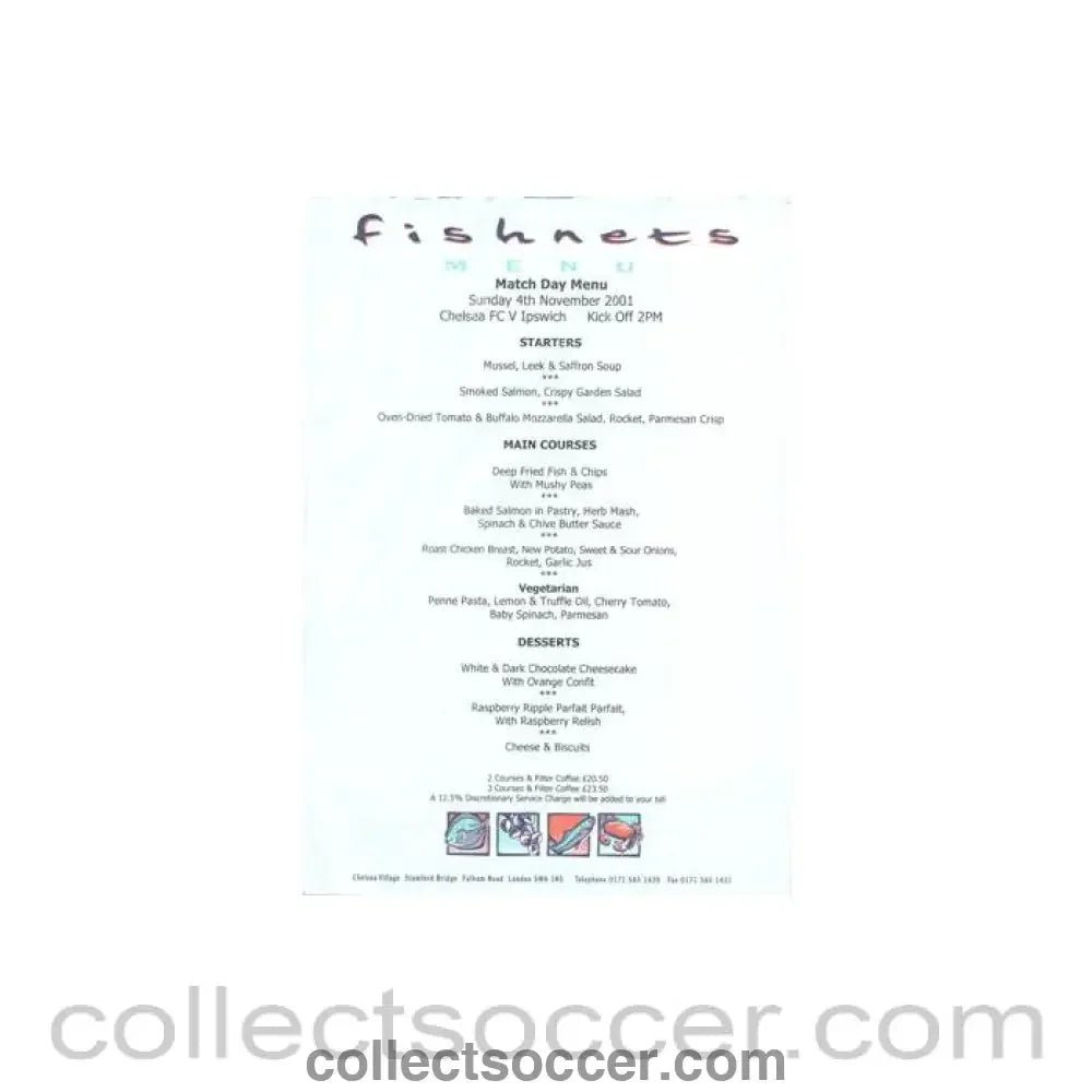 2001 - Chelsea v Ipswich Town Fishnets menu 04/11/2001 - Collect Soccer