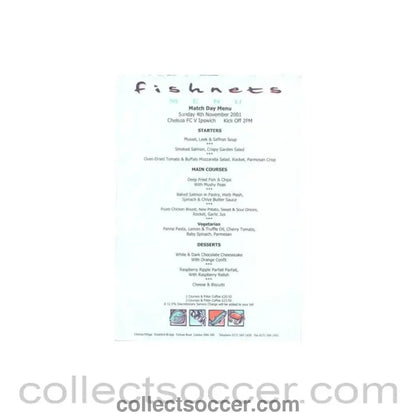 2001 - Chelsea v Ipswich Town Fishnets menu 04/11/2001 - Collect Soccer