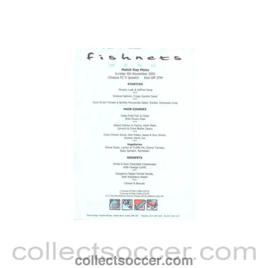 2001 - Chelsea v Ipswich Town Fishnets menu 04/11/2001