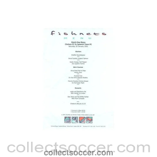 2001 - Chelsea v Ipswich Town Fishnets menu 20/01/2001