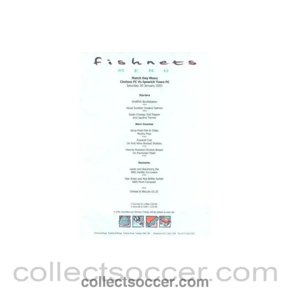 2001 - Chelsea v Ipswich Town Fishnets menu 20/01/2001 - Collect Soccer