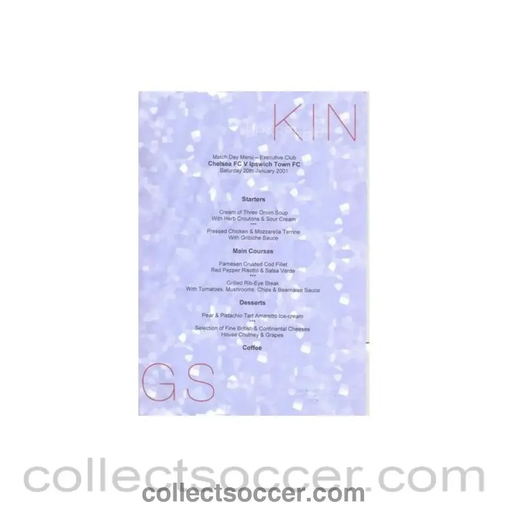 2001 - Chelsea v Ipswich Town KIN Brasserie Exclusive Club menu 20/01/2001 - Collect Soccer
