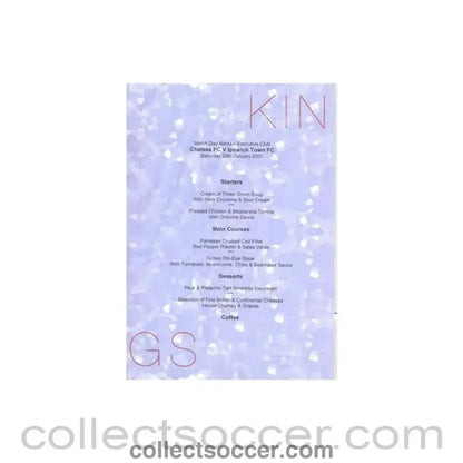 2001 - Chelsea v Ipswich Town KIN Brasserie Exclusive Club menu 20/01/2001 - Collect Soccer