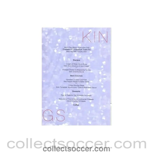 2001 - Chelsea v Ipswich Town KIN Brasserie Exclusive Club menu 20/01/2001