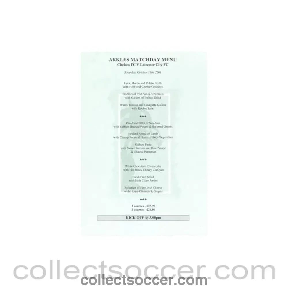 2001 - Chelsea v Leicester City Arkles menu 13/10/2001 Premier League - Collect Soccer