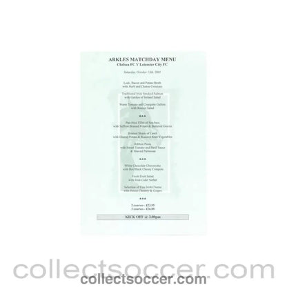 2001 - Chelsea v Leicester City Arkles menu 13/10/2001 Premier League - Collect Soccer