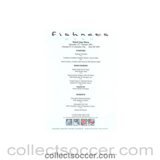 2001 - Chelsea v Leicester City Fishnets menu 13/10/2001 Premier League