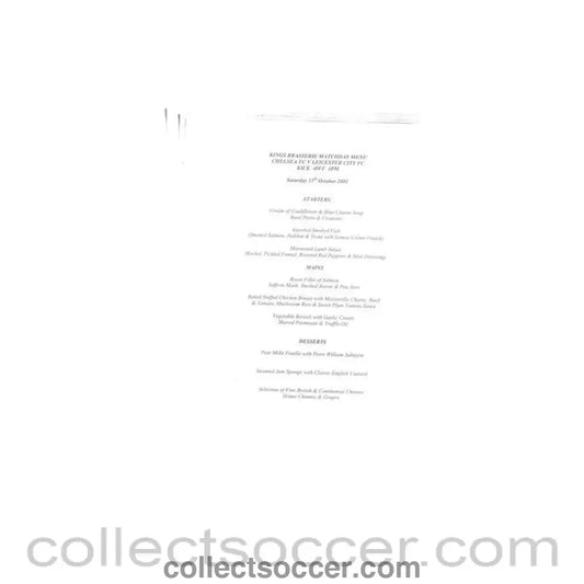2001 - Chelsea v Leicester City King’s Brasserie menu 13/10/2001 Premier League
