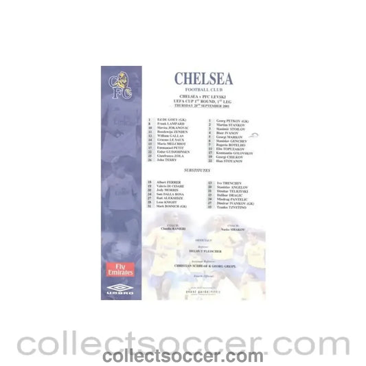 2001 - Chelsea v Levski Sofia Bulgaria official colour teamsheet 20/09/2001 UEFA Cup