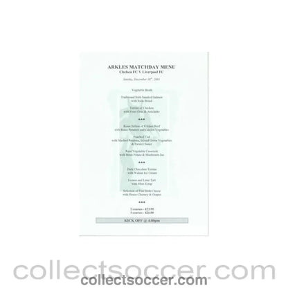 2001 - Chelsea v Liverpool Arkles menu 16/12/2001 - Collect Soccer