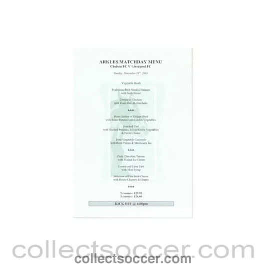 2001 - Chelsea v Liverpool Arkles menu 16/12/2001