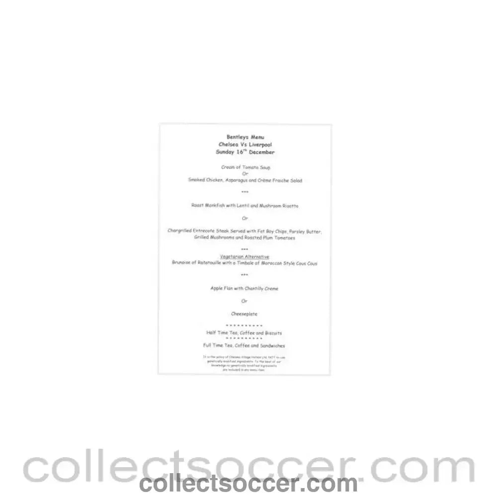 2001 - Chelsea v Liverpool Bentley’s menu 16/12/2001