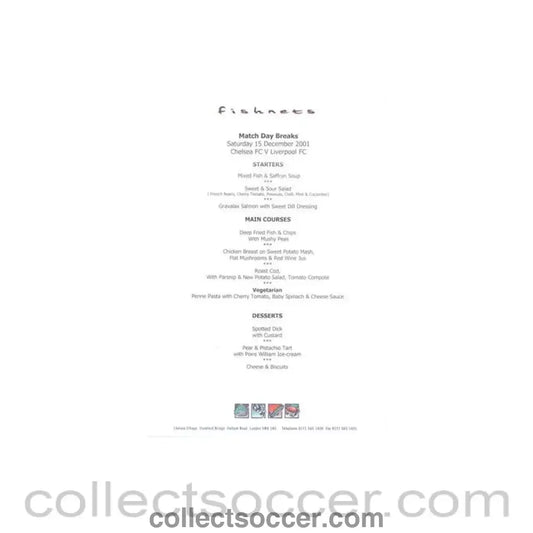 2001 - Chelsea v Liverpool Fishnets menu 16/12/2001