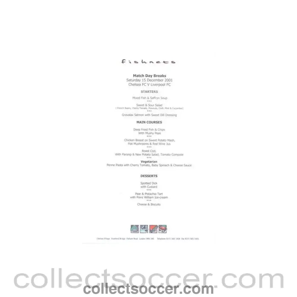 2001 - Chelsea v Liverpool Fishnets menu 16/12/2001 - Collect Soccer
