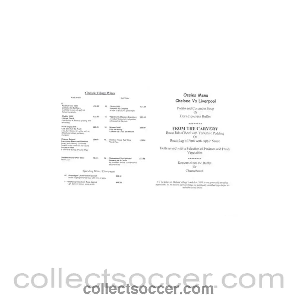 2001 - Chelsea v Liverpool Ossies menu 16/12/2001 - Collect Soccer