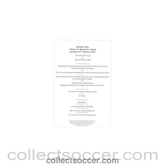 2001 - Chelsea v Manchester United Bentley’s menu 10/02/2001