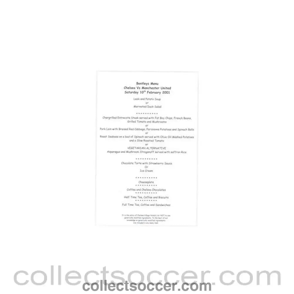 2001 - Chelsea v Manchester United Bentley's menu 10/02/2001 - Collect Soccer