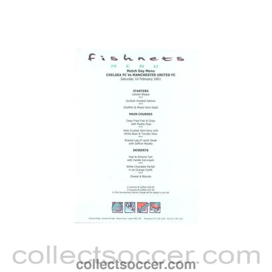 2001 - Chelsea v Manchester United Fishnets menu 10/02/2001 Premier League - Collect Soccer