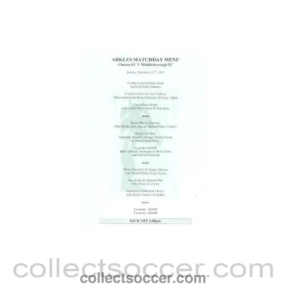 2001 - Chelsea v Middlesbrough Arkles menu 23/09/2001 - Collect Soccer