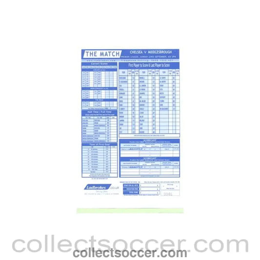2001 - Chelsea v Middlesbrough betting slip 23/09/2001 Premier League