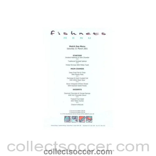 2001 - Chelsea v Middlesbrough Fishnets menu 31/03/2001 Premier League - Collect Soccer