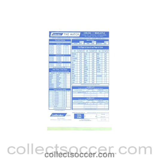 2001 - Chelsea v Newcastle United 12/12/2001 betting slip League Cup