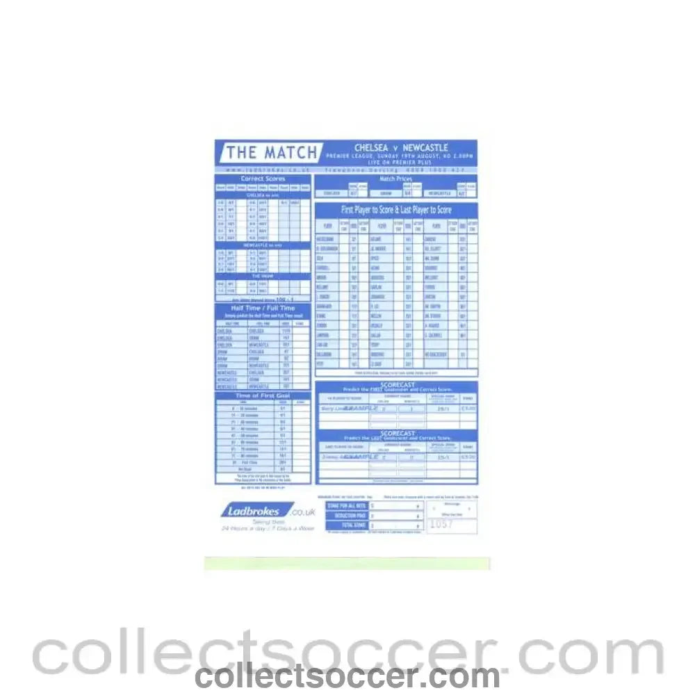 2001 - Chelsea v Newcastle United 19/08/2001 betting slip