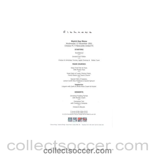 2001 - Chelsea v Newcastle United Fishnets menu 12/12/2001