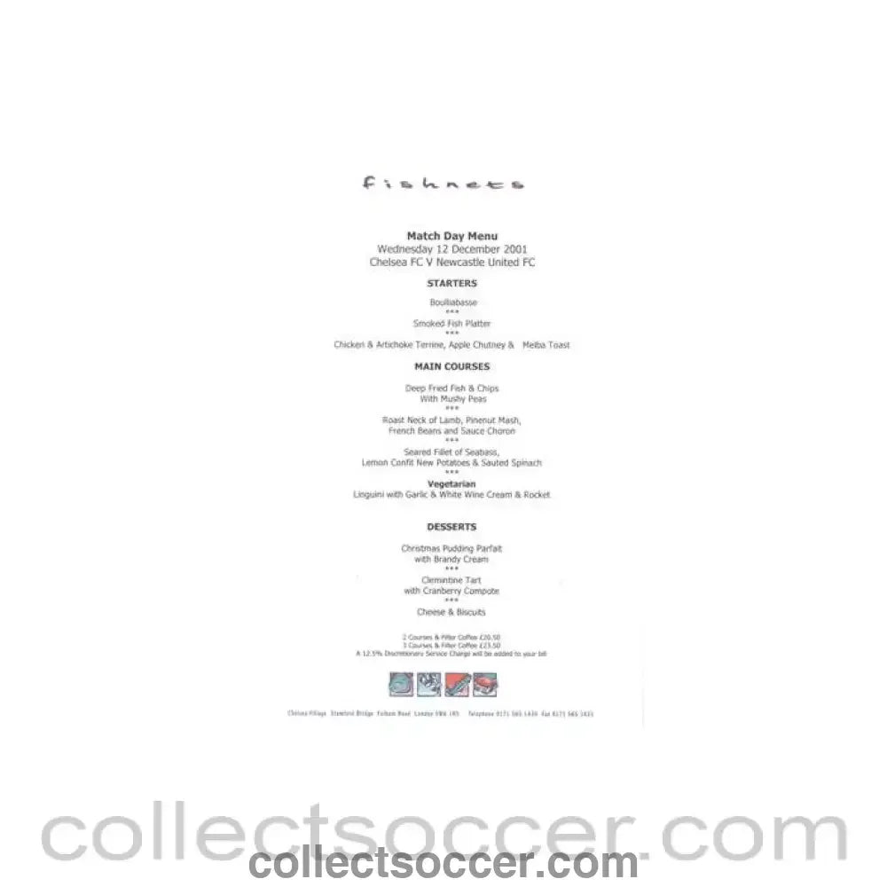 2001 - Chelsea v Newcastle United Fishnets menu 12/12/2001 - Collect Soccer