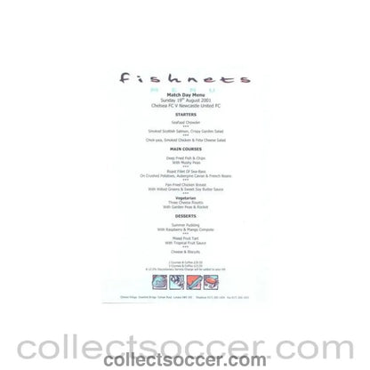2001 - Chelsea v Newcastle United Fishnets menu 19/08/2001 - Collect Soccer