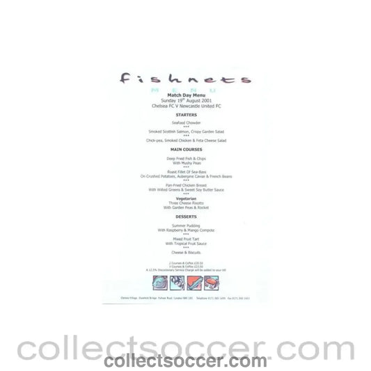 2001 - Chelsea v Newcastle United Fishnets menu 19/08/2001
