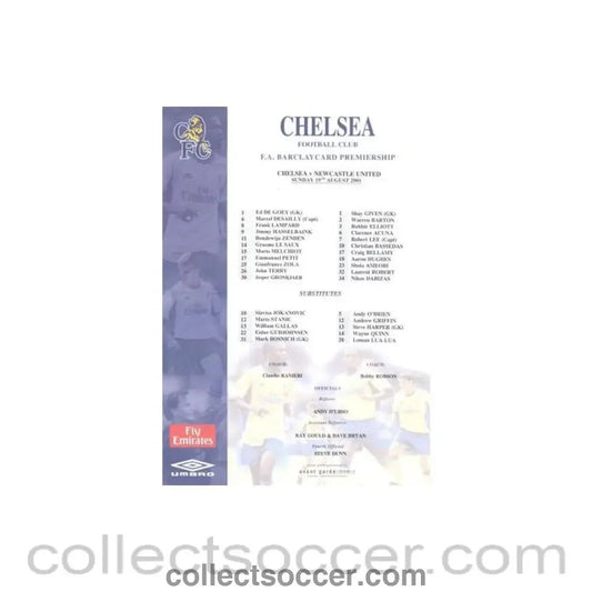 2001 - Chelsea v Newcastle United official colour teamsheet 19/08/2001 Premier League - Collect Soccer