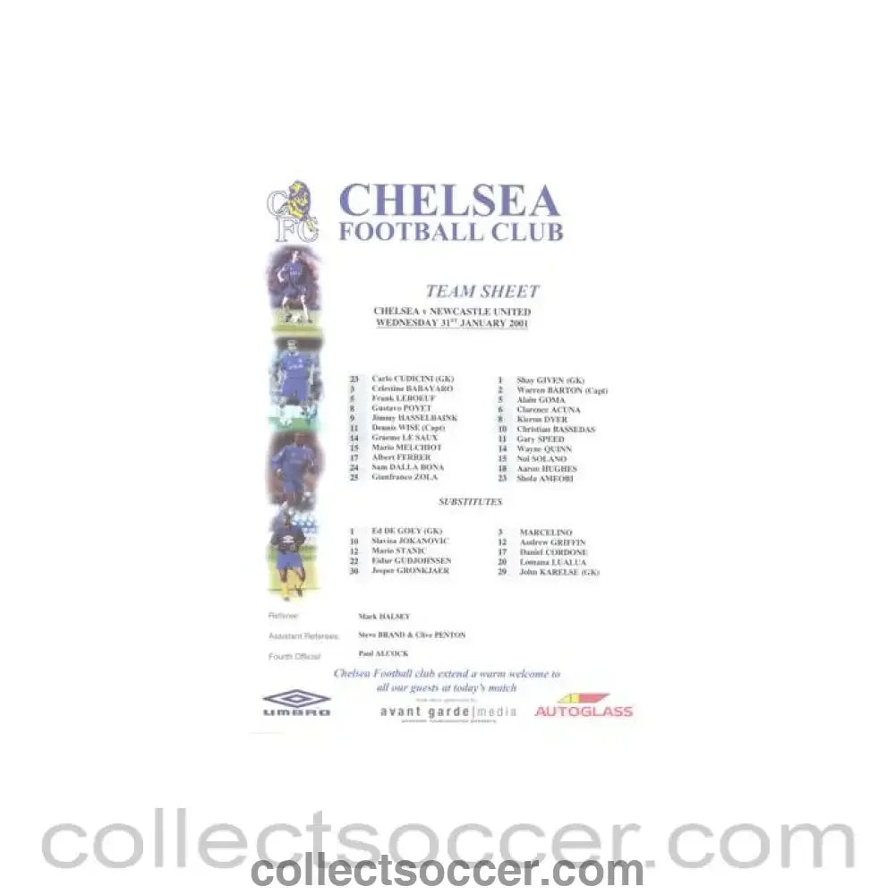 2001 - Chelsea v Newcastle United official colour teamsheet 31/01/2001