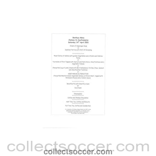 2001 - Chelsea v Southampton Bentley’s menu 14/04/2001