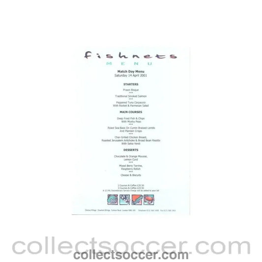 2001 - Chelsea v Southampton Fishnets menu 14/04/2001 - Collect Soccer