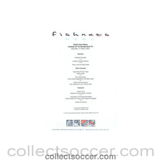 2001 - Chelsea v Sunderland Fishnets menu 17/03/2001 Premier League - Collect Soccer