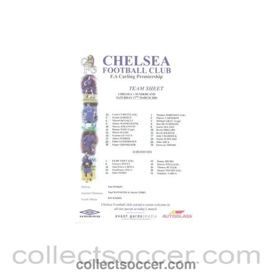 2001 - Chelsea v Sunderland official colour teamsheet 17/03/2001 Premier League