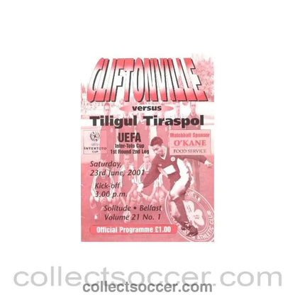 2001 - Cliftonville v Tiligul Tiraspol official programme 23/06/2001 Intertoto Cup - Collect Soccer