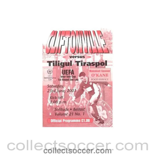 2001 - Cliftonville v Tiligul Tiraspol official programme 23/06/2001 Intertoto Cup - Collect Soccer