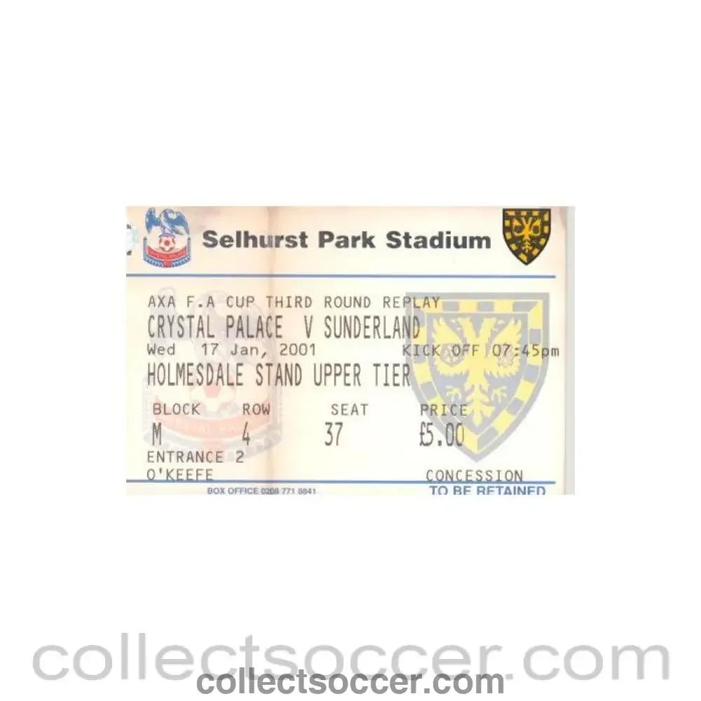2001 - Crystal Palace v Sunderland ticket 17/01/2001 - Collect Soccer