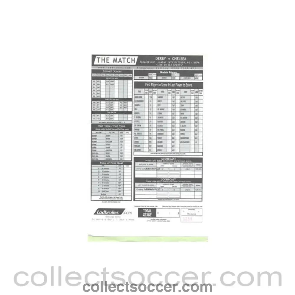 2001 - Derby County v Chelsea betting slip 28/10/2001 Premier League