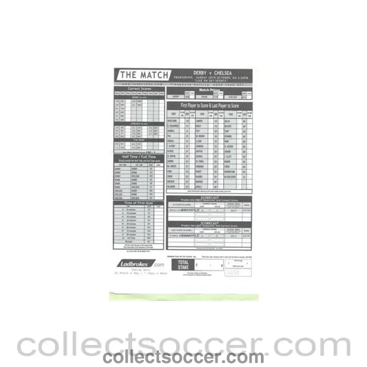 2001 - Derby County v Chelsea betting slip 28/10/2001 Premier League