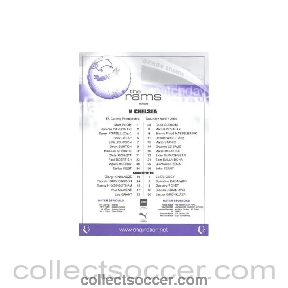 2001 - Derby County v Chelsea official colour teamsheet 07/04/2001 Premier League - Collect Soccer