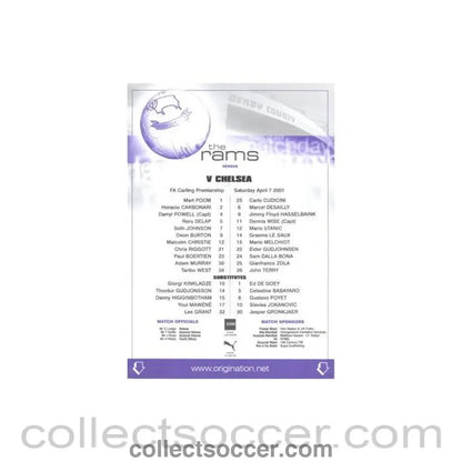 2001 - Derby County v Chelsea official colour teamsheet 07/04/2001 Premier League - Collect Soccer