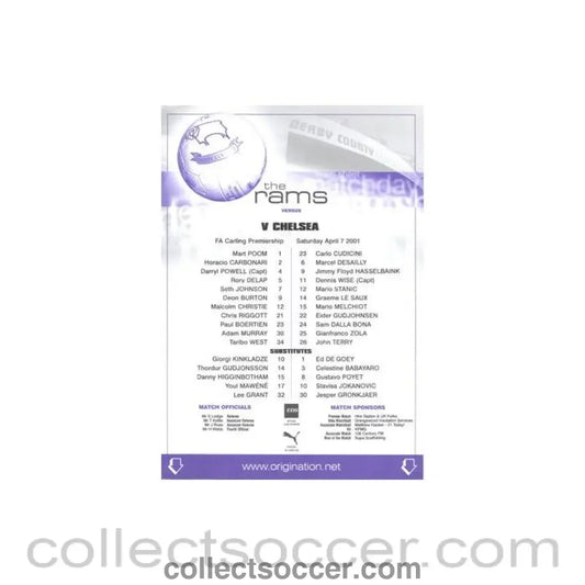 2001 - Derby County v Chelsea official colour teamsheet 07/04/2001 Premier League - Collect Soccer