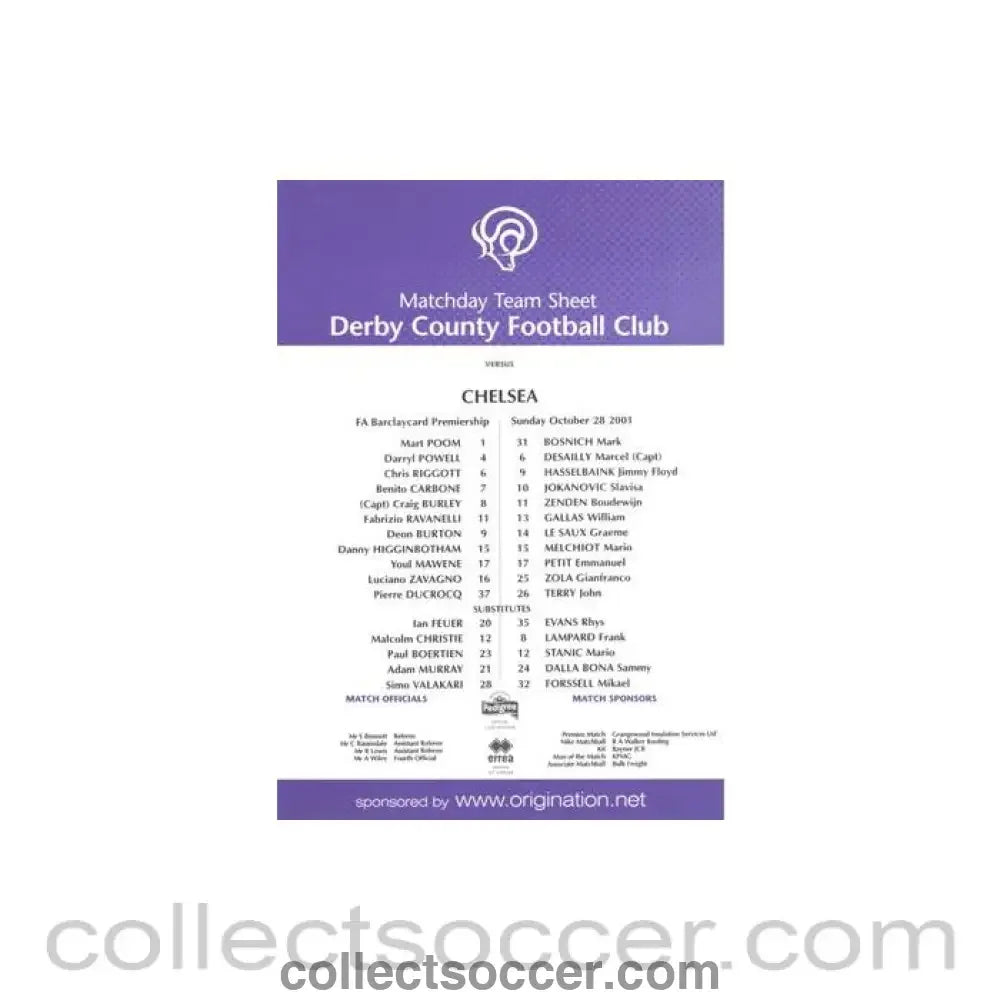 2001 - Derby County v Chelsea official colour teamsheet 28/10/2001 Premier League
