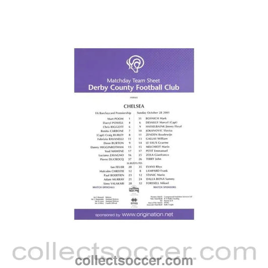 2001 - Derby County v Chelsea official colour teamsheet 28/10/2001 Premier League - Collect Soccer