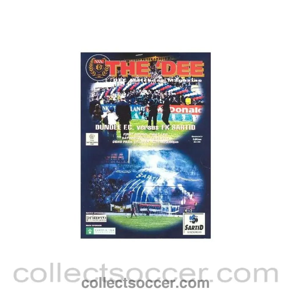 2001 - Dundee v Sartid official programme 16/06/2001 Intertoto Cup - Collect Soccer